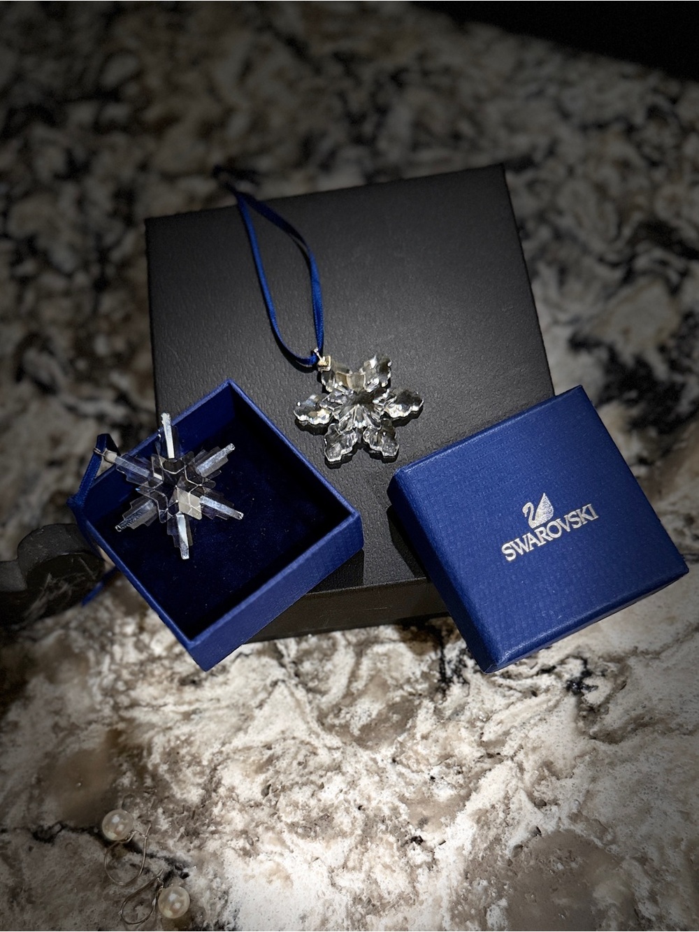 Swarovski Clear Crystal Snowflake Ornaments with Blue Boxes